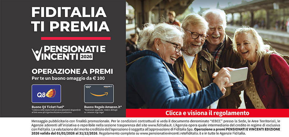 Agenzia SMG SRL Fiditalia | Modica, Ragusa | Fiditalia ti premia - Vicni un omaggio da €100. Operazione a premi. Clicca e visiona il regolamento. Operazione a premi PENSIONATI E VINCENTI 2025 valida dal 01/01/2025 al 31/12/2025. Regolamento completo www.pensionatievincenti.retefiditalia.it